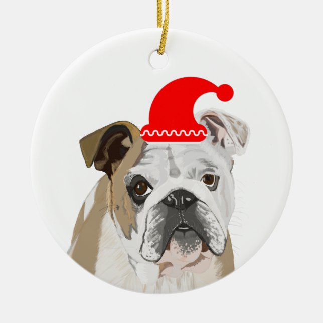 English Bulldog mit einer roten Weihnachtsmannmütz Keramik Ornament (Vorne)