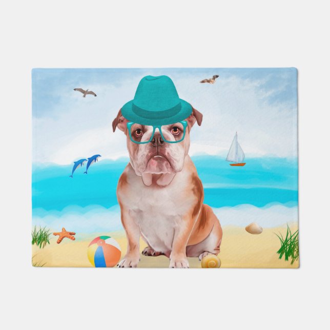 English Bulldog on Beach Fußmatte (Vorderseite)