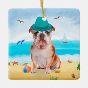 English Bulldog on Beach Keramikornament