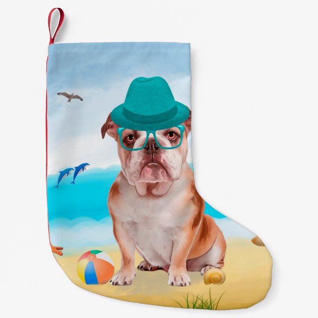 English Bulldog on Beach Kleiner Weihnachtsstrumpf (Vorderseite)