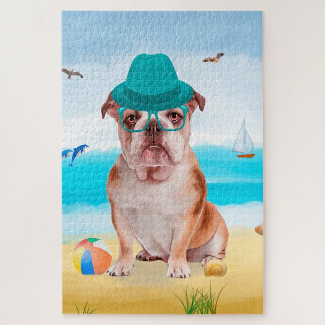 English Bulldog on Beach Puzzle (Vertikal)