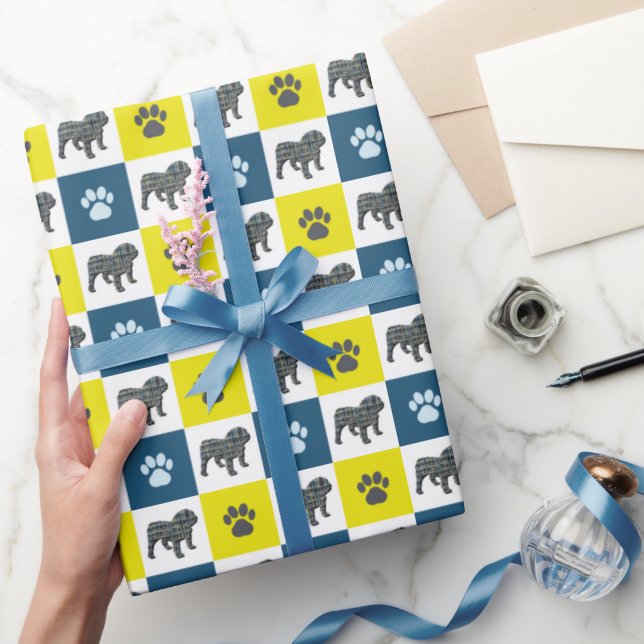 English Bulldog & Paw Silhouette Yellow&Blue Grid Geschenkpapier (Schenken)