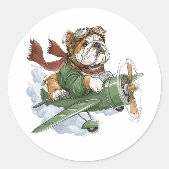 English Bulldog Pilot Airplane Runder Aufkleber (Vorderseite)