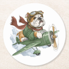 English Bulldog Pilot Airplane Runder Pappuntersetzer