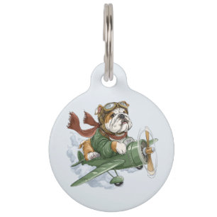 English Bulldog Pilot Flugzeug Haustiermarke