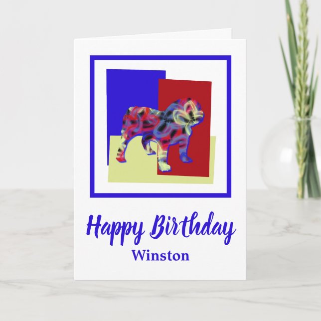 English Bulldog Red Blue Yellow Birthday Card Karte (Vorderseite)