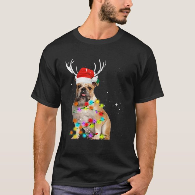 English Bulldog Reindeer Santa Hat Christmas Light T-Shirt (Vorderseite)