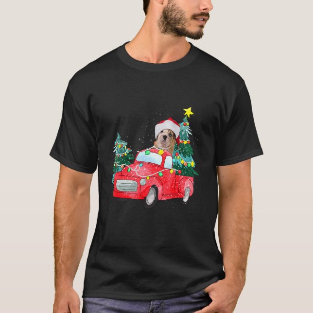 English Bulldog Ride Red Truck Weihnachten Dog Paj T-Shirt (Vorderseite)