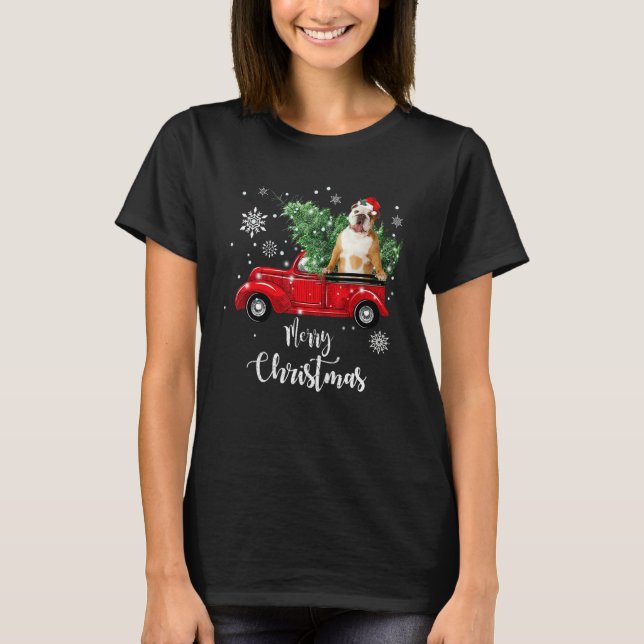 English Bulldog Ride Red Truck Weihnachten Pajama T-Shirt (Vorderseite)
