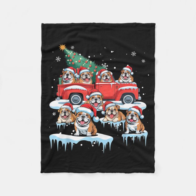English Bulldog Riding Red Truck Ugly Sweater Chri Fleecedecke (Vorderseite)