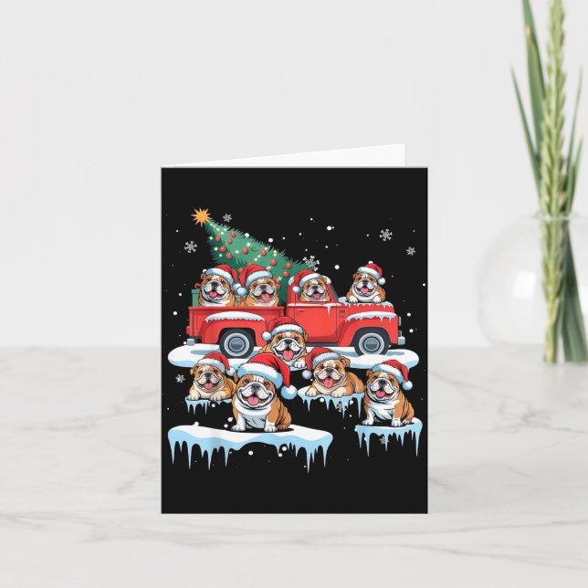 English Bulldog Riding Red Truck Ugly Sweater Chri Karte (Vorderseite)