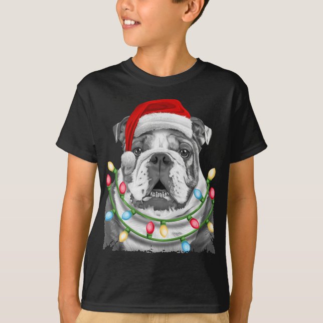 English Bulldog Santa Christmas Tree Lights Xmas D T-Shirt (Vorderseite)