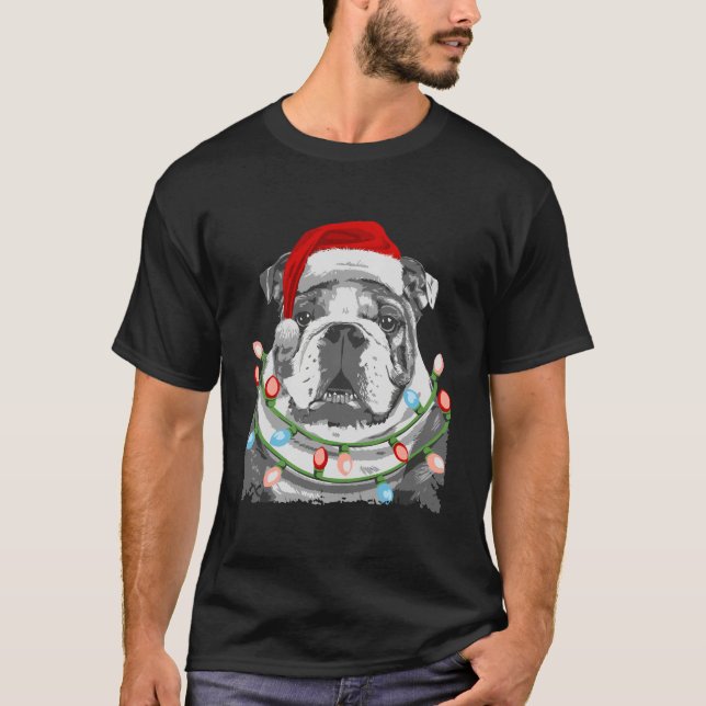 English Bulldog Santa Christmas Tree Lights Xmas G T-Shirt (Vorderseite)