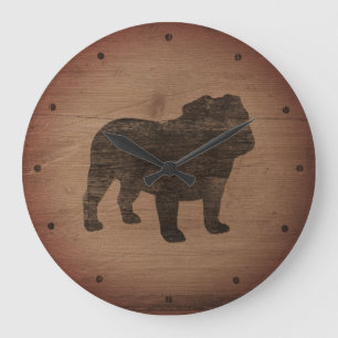English Bulldog Silhouette Imitate Weathered Wood Große Wanduhr