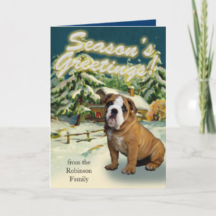 English Bulldog Snow Cabin Weihnachtskarten Feiertagskarte