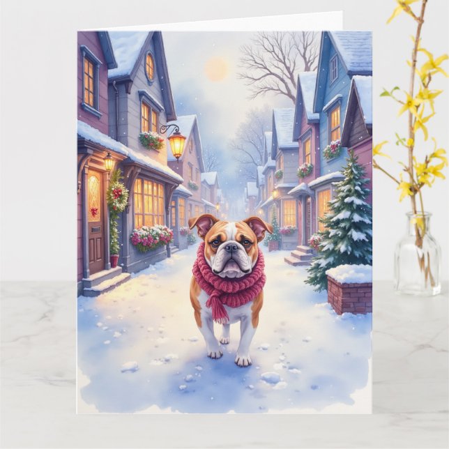 English Bulldog Snowy Christmas Village Holiday Karte (Gelbe Blume)