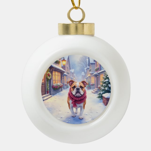 English Bulldog Snowy Christmas Village Holiday Keramik Kugel-Ornament (Vorderseite)