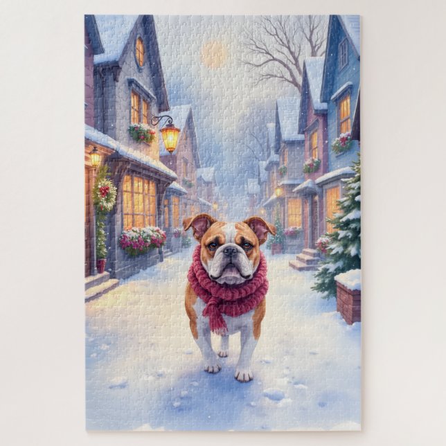 English Bulldog Snowy Christmas Village Holiday Puzzle (Vertikal)