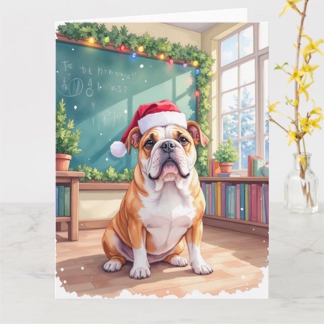 English Bulldog Teacher Classroom Santa Hat Karte (Gelbe Blume)
