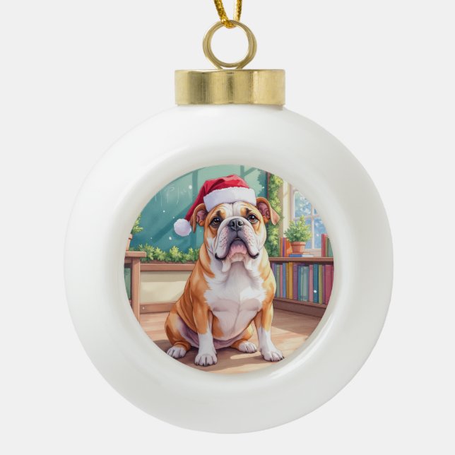 English Bulldog Teacher Classroom Santa Hat Keramik Kugel-Ornament (Vorderseite)