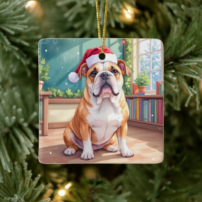English Bulldog Teacher Classroom Santa Hat Keramikornament (Baum)