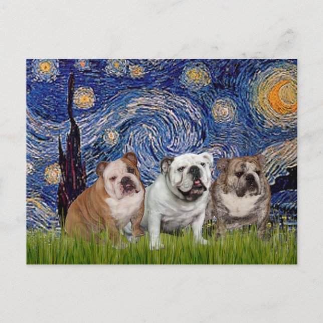English Bulldog Trio - Starry Night Postkarte (Vorderseite)