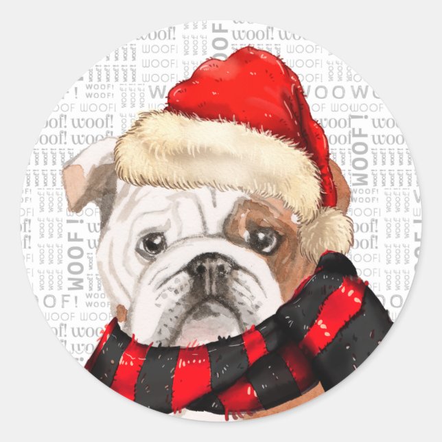 English Bulldog und Woof Word Art Weihnachten Runder Aufkleber (Vorderseite)