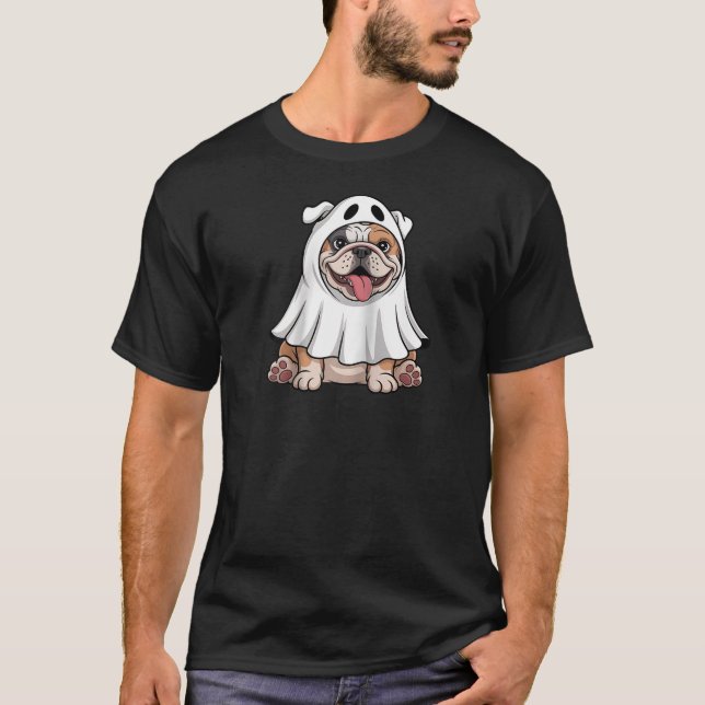 English Bulldog Wearing A White Ghost Costume Dog  T-Shirt (Vorderseite)