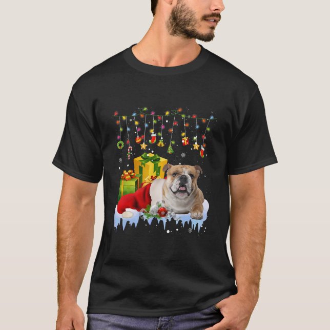 English Bulldog Weihnachtsmannmütze Christmas Ligh T-Shirt (Vorderseite)