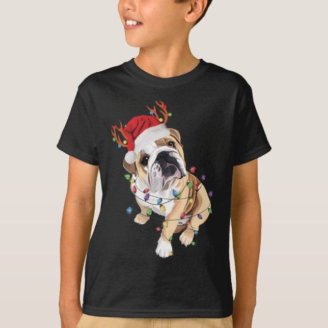 English Bulldog Weihnachtsmannmütze Reindeh Christ T-Shirt (Vorderseite)