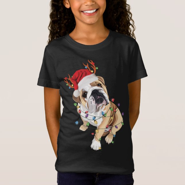 English Bulldog Weihnachtsmannmütze Reindeh Christ T-Shirt (Vorderseite)