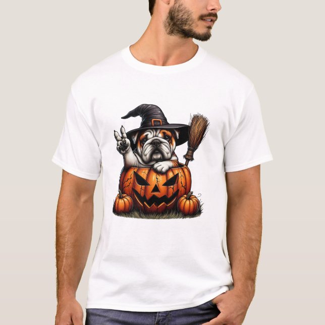 English Bulldog Witch Pumpkin T-Shirt (Vorderseite)