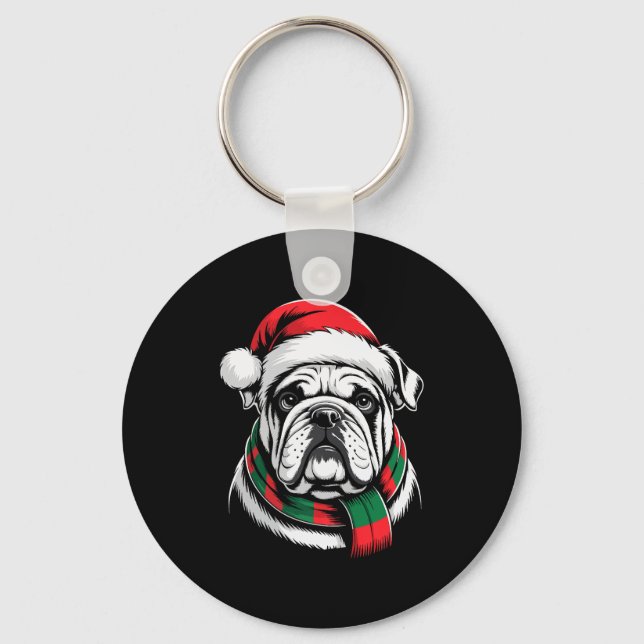 English Bulldog Xmas Santa Hat F Christmas Costume Schlüsselanhänger (Vorderseite)
