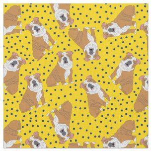 English Bulldogs Gemustert Gelb, Blue Polka Dots Stoff