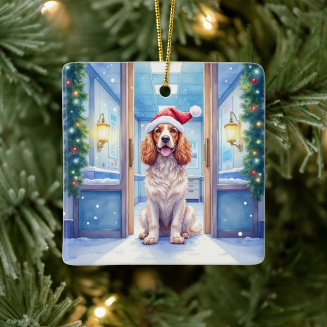 English Cocker Spaniel Nurse Station Santa Hat Keramikornament (Baum)
