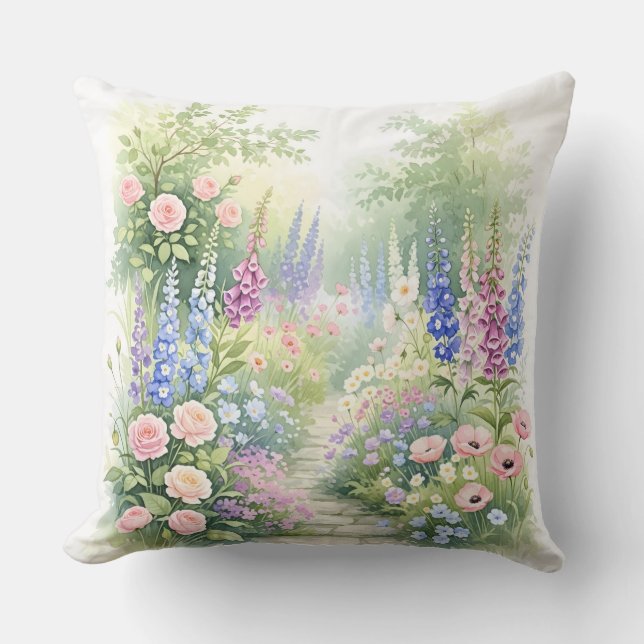 English Country Garden Path Watercolor Floral Kissen (Vorderseite)