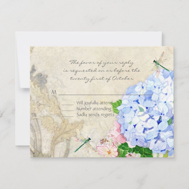 English Garden, Blue n Pink Hydrangeas Wassercolor RSVP Karte (Vorderseite)