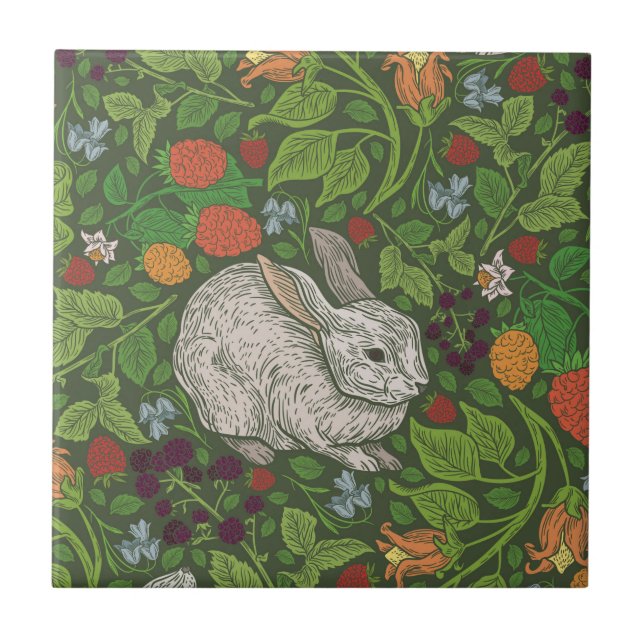 English Garden Rabbits Woodcut Fliese (Vorderseite)
