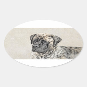 English Mastiff (Brindle) Malerei - Dog Art Ovaler Aufkleber