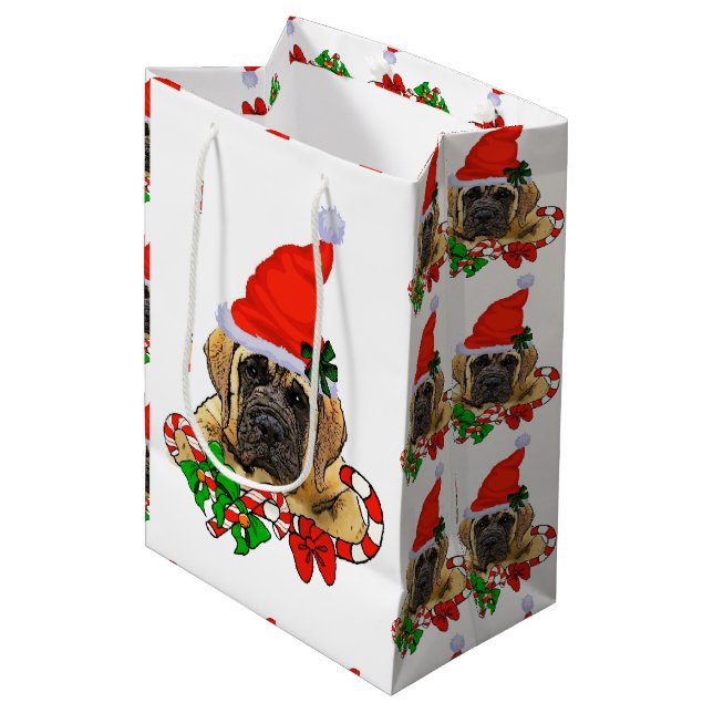 English Mastiff Christmas Mittlere Geschenktüte (Vorderseite Schrägansicht)
