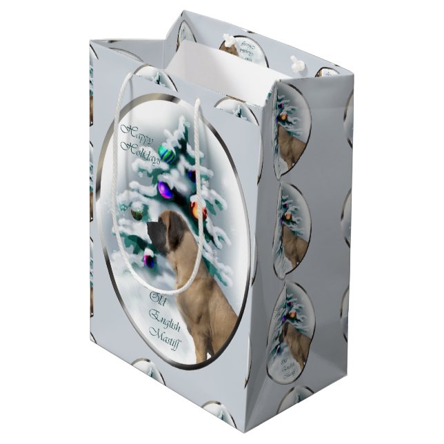 English Mastiff Christmas Mittlere Geschenktüte (Rückseite Schrägansicht)