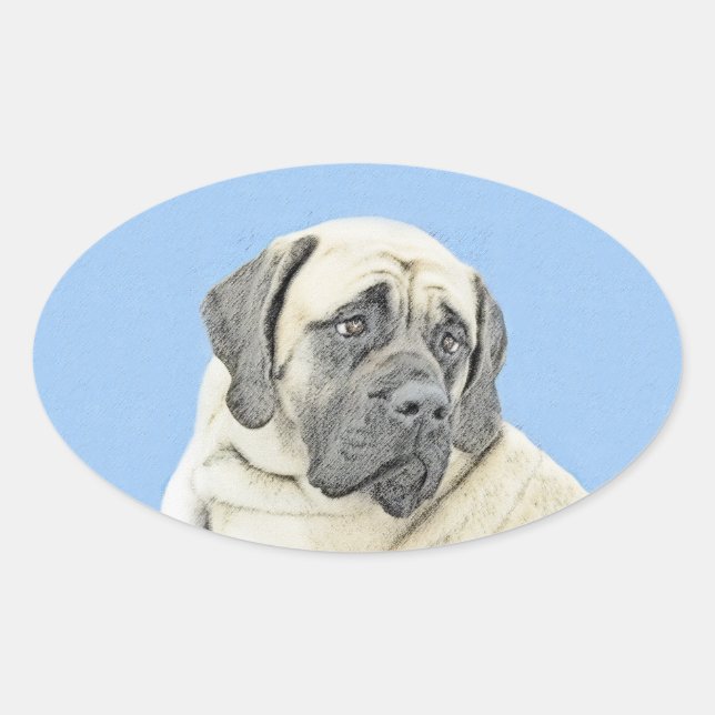 English Mastiff (Fawn) Malerei - Original Dog Art Ovaler Aufkleber (Vorderseite)