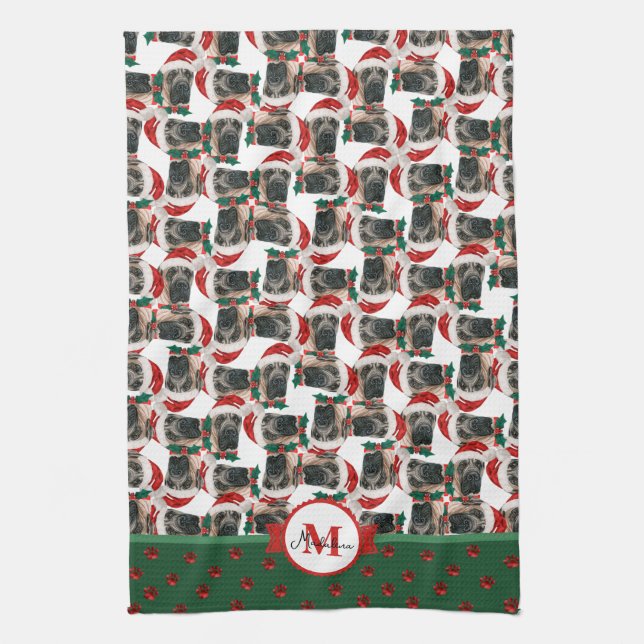 English Mastiff Pattern Monogram Christmas Dog Geschirrtuch (Vertikal)