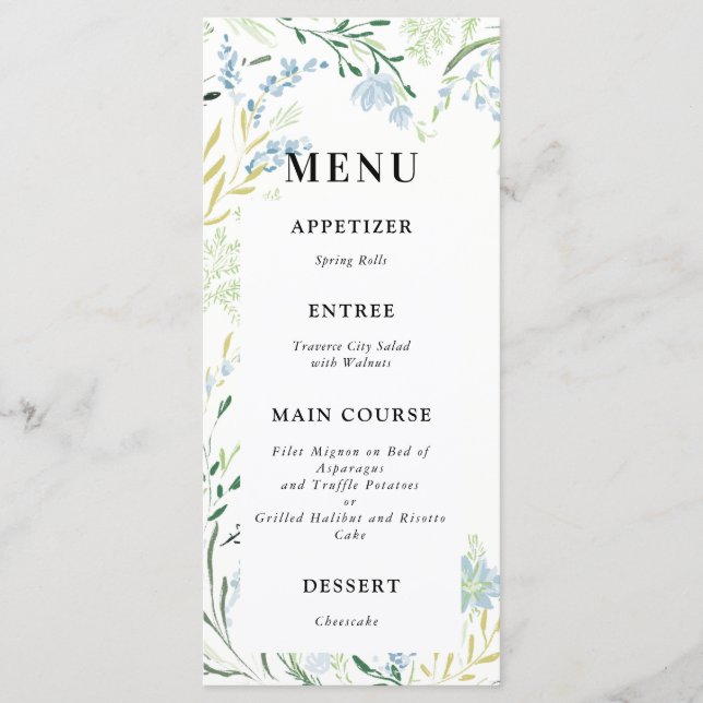 English Meadow Delicate Blume Wedding Menu Menükarte (Vorderseite)
