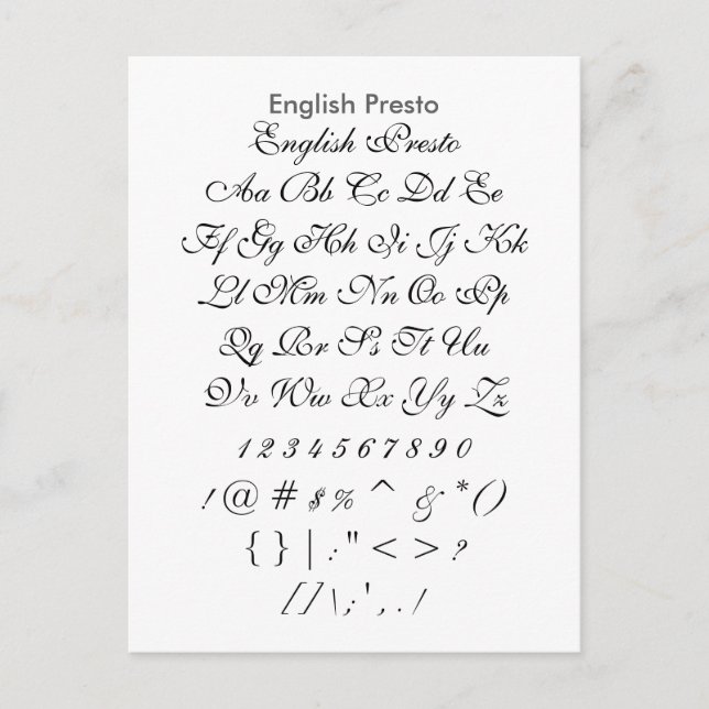 English Presto - Zazzle Schriftart Sampler Sheet Postkarte (Vorderseite)