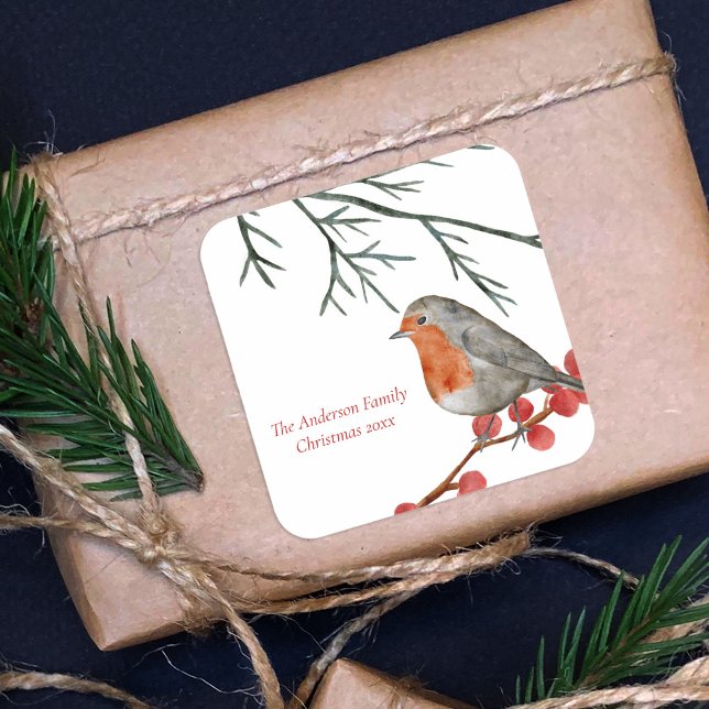 English RedBrustbrust Robin Bird Weihnachten Quadratischer Aufkleber (Von Creator hochgeladen)
