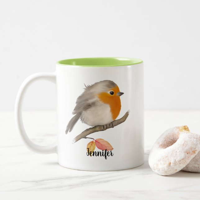 English Robin Bird Zweifarbige Tasse (Mit Donut)
