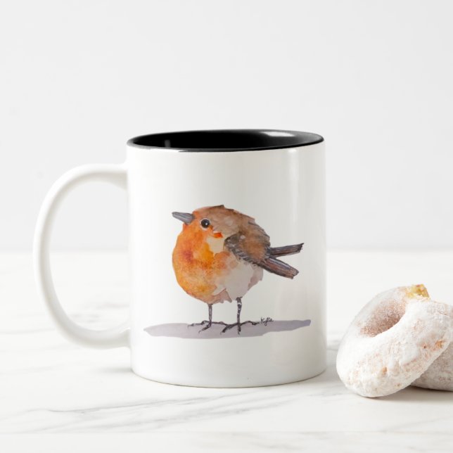 English Robin Watercolor Zweifarbige Tasse (Mit Donut)