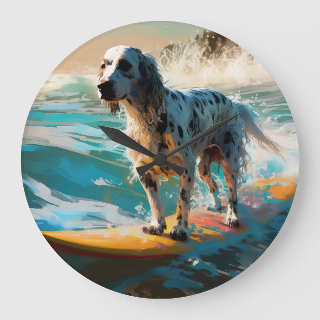 English Setter Beach Surfgrafik Große Wanduhr (Vorderseite)