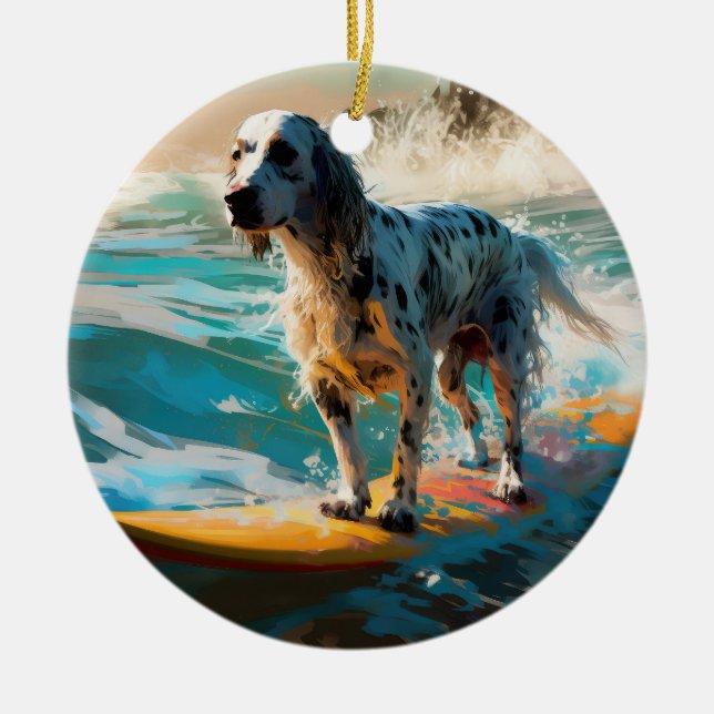 English Setter Beach Surfgrafik Keramik Ornament (Vorne)